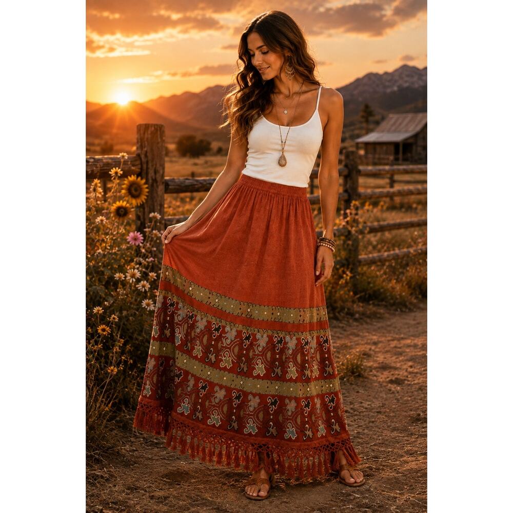 Double D Ranch Maxi Skirt with Fringe in Tericotta Orange